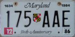 1986 Maryland 350th annviersary passenger car plate